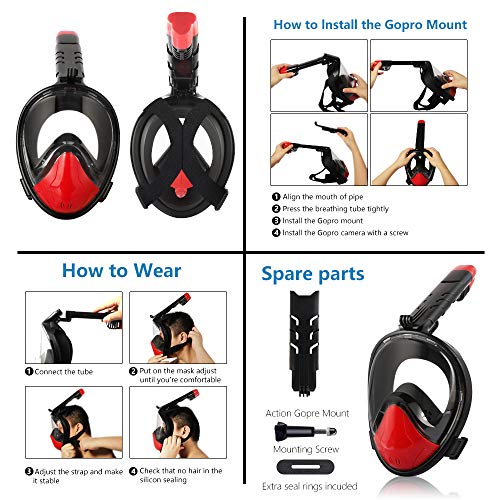 WGCC Full Face Snorkel Mask Sets for Kids, 180° Panoramic View Free Breathing Foldable Diving Snorkeling Mask with Detachable Camera Mount, Dry Top Set Anti-Fog Anti-Leak for Adults & Kids (L/XL) - Thumbnail 5