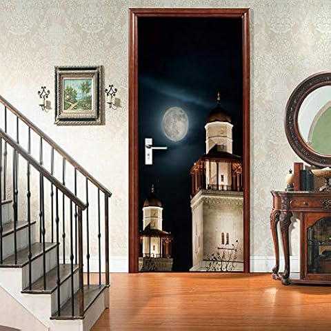 Teqoasiy Moon Door murals Stickers 37inch x 85inch Castle Night View 3D Door Stickers DIY Door murals Self-Adhesive Door Stickers Waterproof Self-Adhesive PVC Removable Pattern Wall Art Wallpaper for Cover