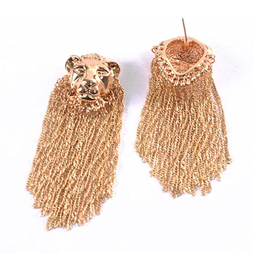 Boucles d'oreilles tête de lion en or à franges longues pendantes