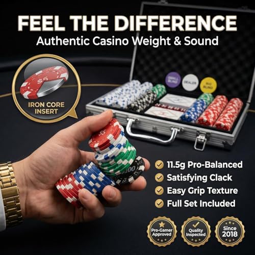 HEITOK Pokerkoffer 300 Stück – Texas Holdem Set mit 11,5g Chips, Alu-Koffer, Karten, Würfel & Button