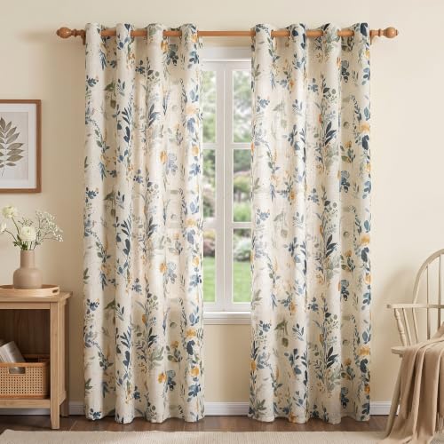 Image of MYSKY HOME Floral Linen Curtains 84 inch Length 2 Panels Set Patterned Semi Sheer Light Filtering Privacy Farmhouse Grommet Drapes for Living Room Bedroom, Yellow and Blue, 52 inch Wide Each Panel