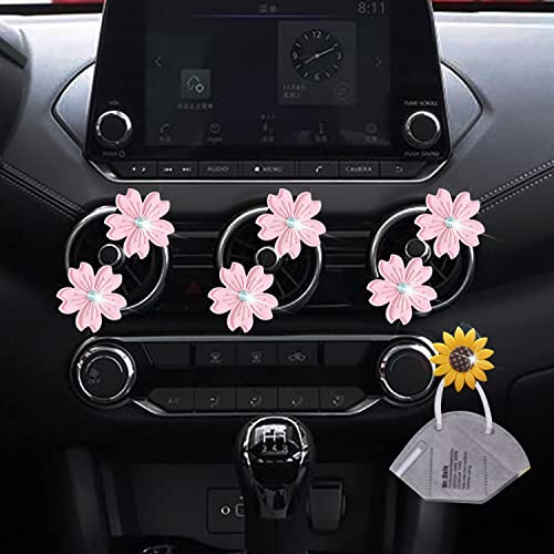 Image of Cute Daisy Air Vent Clips, 6 Pcs Flower Car Air Fresheners Vent Clips Car Diffuser Vent Clip Charm Car Decoration for Women Cute Car Interior Decor Flower Car Accessories + Sunflower Mask Hook (Pink)
