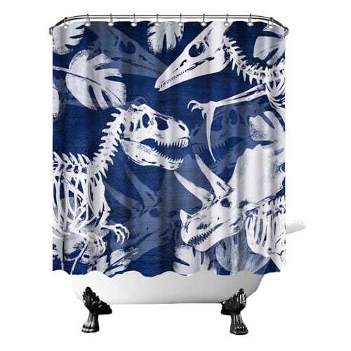Conipit Dinosaur Skeleton Shower Curtain Navy Blue and White Bathroom Decor Prehistoric Theme Cool Dinosaur Shower Curtain for Kids and Teens Bathroom 72x72 (Navy)