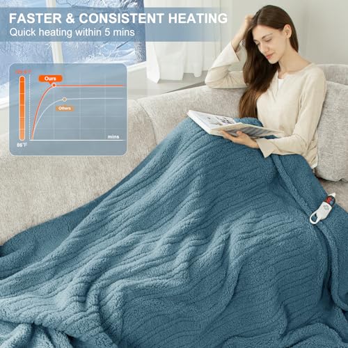 Electric Blanket Full Size 72"X84" Blue - Soft Double Sided Sherpa Heated Blanket Full Size with LED Display, 6 Heating Levels & 10 hrs Timer, Machine Washable & Fast Heating for Women