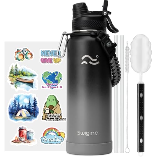 Image of Swigina [2-IN-1 LID] Insulated Water Bottle with Silicone Boot (36hrs Cold /18hrs Hot) - DIY Stickers, Leakproof, BPA Free, 40 oz