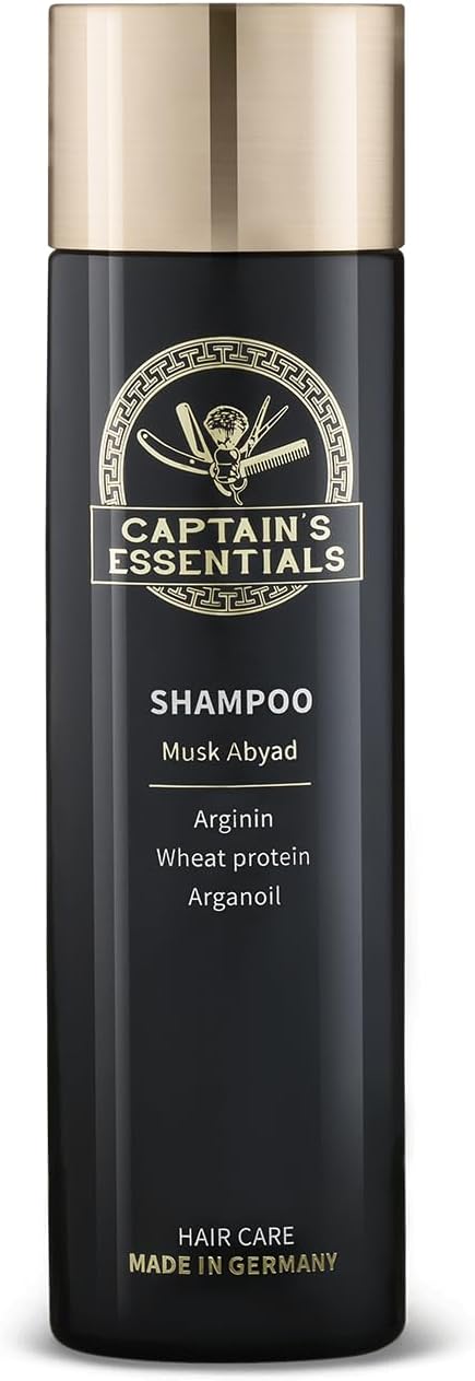 CAPTAIN’S ESSENTIALS® Premium shampoo voor mannen, anti-haaruitval, bevordert de haargroei, met arganolie, tarweproteïne, menthol en arginine, veganistisch (250 ml, Musk Abyad, muskus)