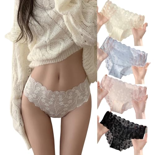 Cute French Floral Tulle Panties,Breathable One-piece Cut Underwear,Cotton Crotch Briefs for Girls,Mid Rise 4-Pack