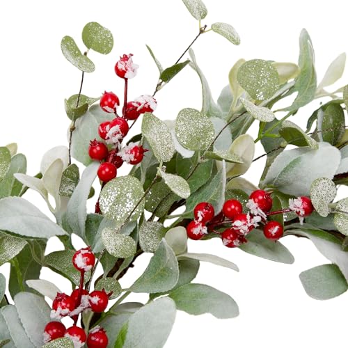Image of 20 Inch Artificial Christmas Wreath Lambs Ear Leaves Door Wreath Winter Wreath with Artificial Snow Red Berries Christmas Decorations for Home Wall Window Decor