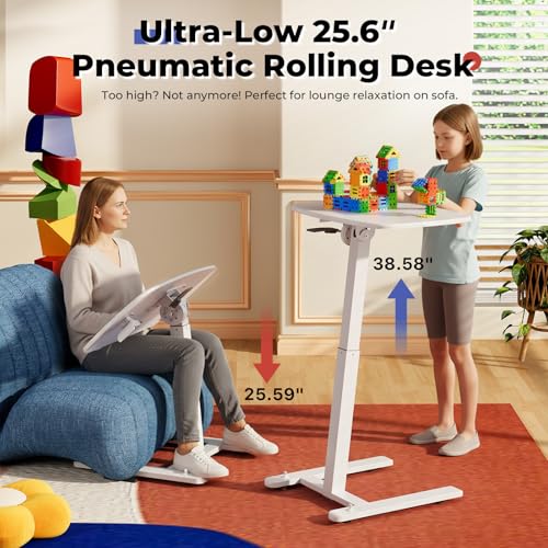 Image of JOY worker Low Height Small Mobile Standing Desk for Couch, Height Adjustable TV Tray Table with 90 Foldable MDF Desktop, Portable Laptop Desk with Low Base & Lockable Hidden Casters, White