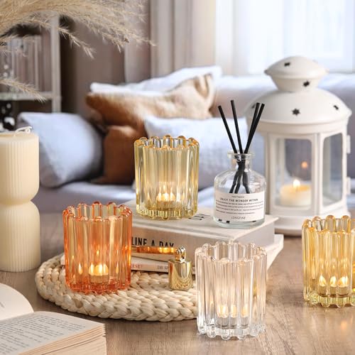 HAVITI Votive Candle Holder, Orange Ribbed Votive Candle Holders Set of 12, Mixed Color Tealight Candle Holder for Wedding Centerpieces Dinner Party Table Decor