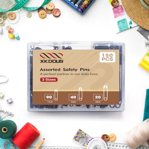 Image of XKDOUS 150 Pack Safety Pins for Clothes 3 Universal Assorted Sizes, Black