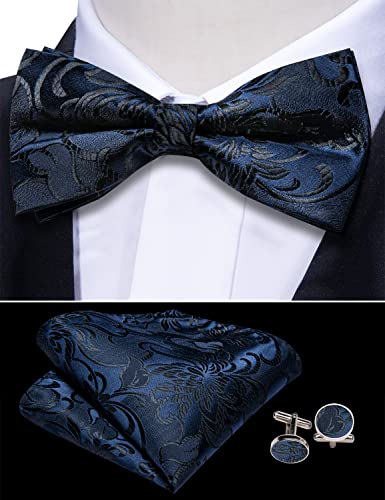 Image of Barry.Wang Men Silk Paisley Cummerbund and Pre-tied Bowtie Handkerchief Cufflink Set for Tuxedo