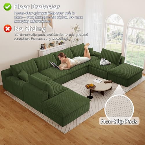 Image of 136 inch Cloud Couch Modular Sectional Sofa for Living Room, U-Shape Boneless Couch with Deep Seat, Modern Corduroy 6-Seater with Ottomans, No Assembly Required, Green