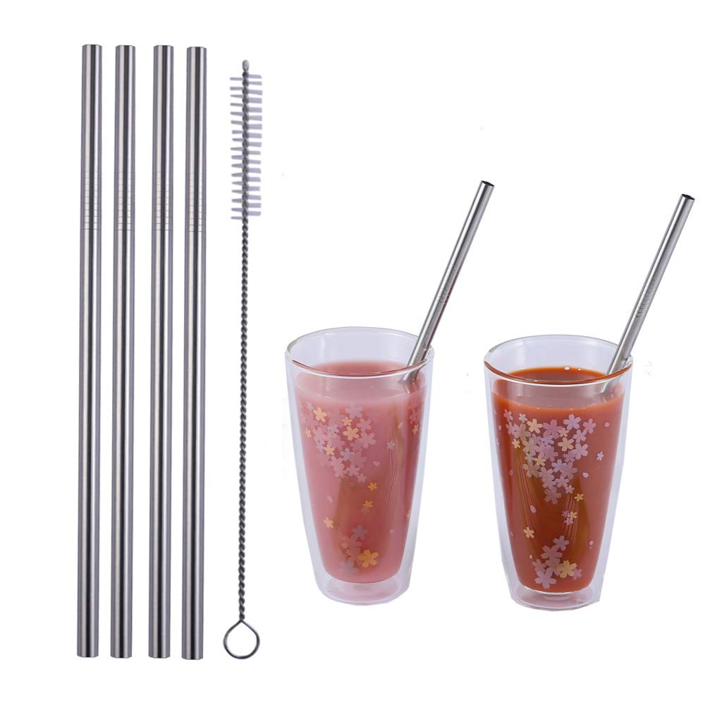 Mcool 4Pcs Smoothie Straws 9.5" 0.32 Inch Width Big Enough for Smoothies Stainless Steel Eco-friendly Reusable Drinking Straws for Yeti Tumblers (9.5" Straight)+ 1 Green Storage Pouch