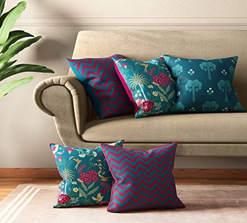 Image of India Circus by Krsnaa Mehta Chevron Safari Multicolor Satin Blend Cushion Pillow Covers Set of 5 (16 x 16 Inches)