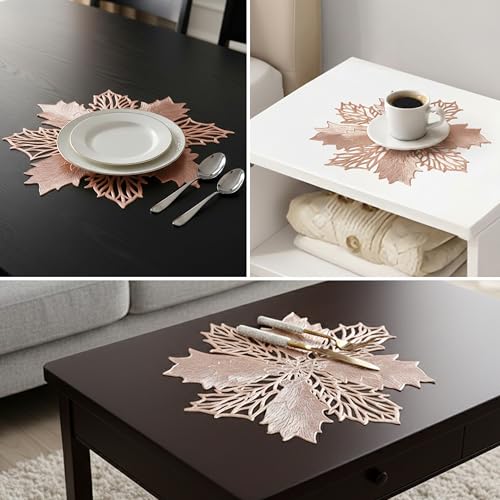 Image of Yellow Weaves 6 Pcs PVC Botanical Star Design Table Placemat, Dining Table Mat, Anti-Skid, Washable, Dining, Kitchen, Restaurant Table Set Easy to Clean, Durable (Rose Gold)