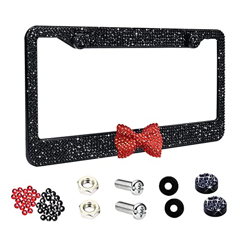 License Plate Frame for Women | License Frames for Car Bling | Black Glitter Diamond License Plate Frame Cute with Red Bow | Back and Front License Plate Holder