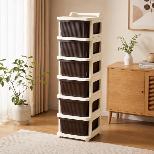 Image of Heavy Duty Plastic Storage Drawer with Wheels | Modular Cabinet for Bedroom, Office, Home or Classroom| Chest of Drawers Organiser for Cosmetics, Kitchen items, Toys (Brown, 6)