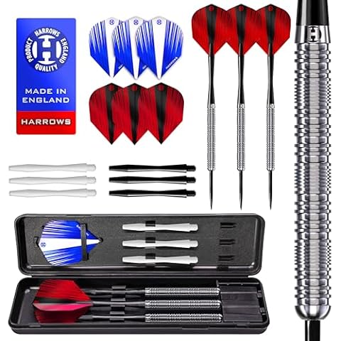 Harrows Caliber 90% Tungsten Steel Tip Darts Set I 21g to 30g All Weights Available I Huge 16pcs Bundle with Spare Shafts, Prime Flights & Travel Case(Silver, 23 Grams) Cover