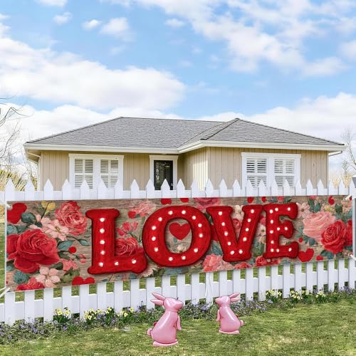 Image of Valentine Banner 78.74 x 17.72 Inch Red LOVE Lettering with Floral Background Romantic Roses and Heart Elements Ideal for Porch Sign Hanging Decoration for Valentine Party Decor