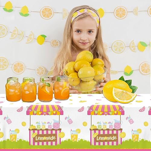 Image of CMUSKO Lemonade Table Cloth, 3Pcs Lemonade Stand Decorations Lemon Tablecloth Rectangle Plastic Table Cover for Summer Fruit Lemon Themed Birthday Party Baby Shower Supplies, 108 x 180 cm