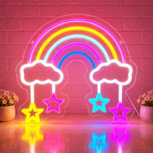 Image of Rainbow Star Neon Sign, Colorful LED Wall Light, USB Powered Dimmable Rainbow Sign for Girls Bedroom, Nursery, Playroom and Classroom Decor, Room Makeover Gift Idea, 17.3 x 13.4 Inches