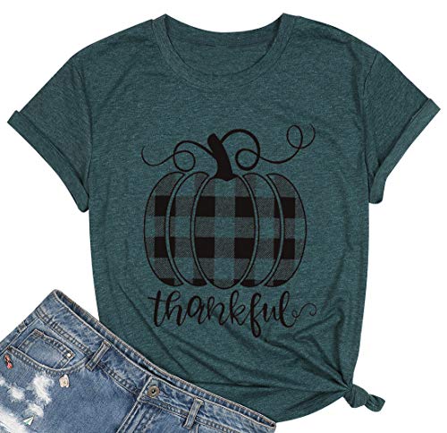 Thanksgiving Thankful T Shirt for Women Cute Plaid Pumpkin Shirt Casual Fall Short Sleeve Holiday Tops Green
