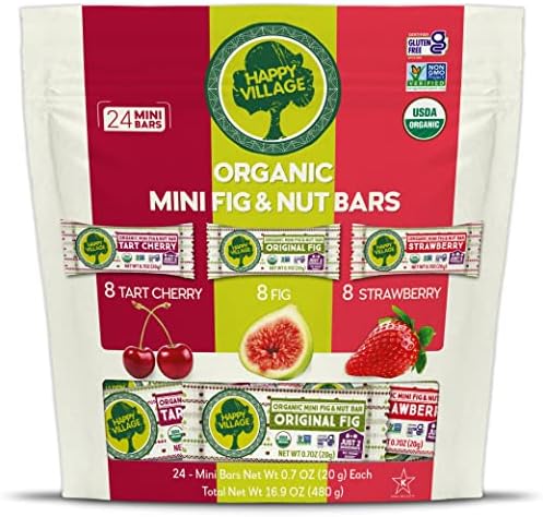 Happy Village Organic Mini Fig & Nut Bars, VARIETY (24 Packs, 0.7 OZ each), No Refined Sugar, Kosher, Non-GMO, Gluten Free, Vegan, Good Source of Fiber Snack Bars (8 Tart Cherry, 8 Fig, 8 Strawberry)