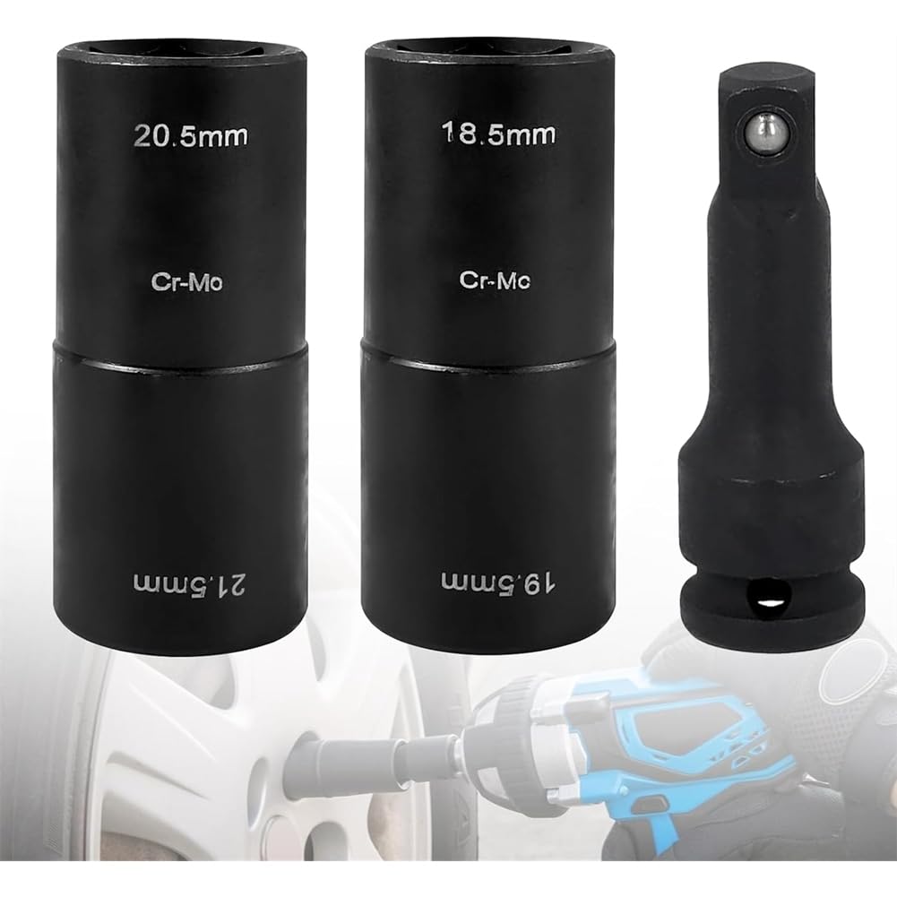 Onchdbfhuu Double Head Impact Wrench Set of 3 Nuts(18.5/19.5/20.5/21.5 Mm), Includes 1/2" Extension and Double Head Sockets