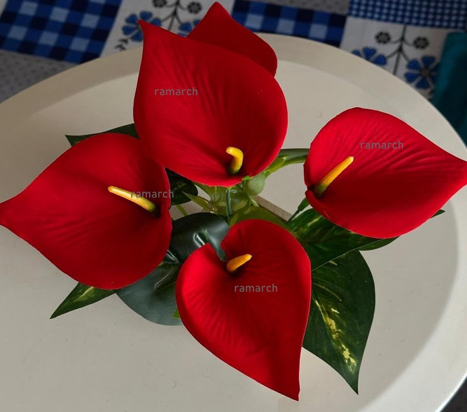 Image of Artificial Anthurium Flowers, Red Floral Arrangement with Wooden Pot, Indoor Home Decor