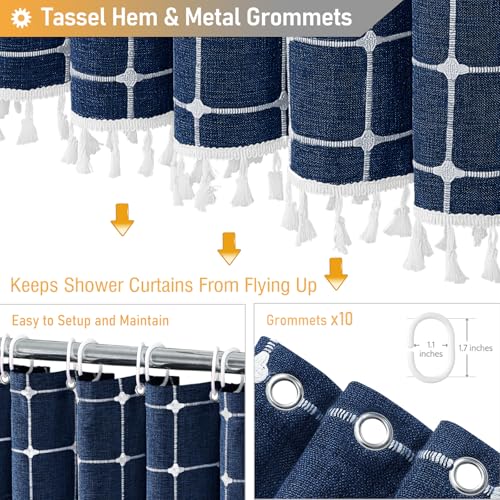 Image of BTTN Stall Fabric Shower Curtain - 54x78 Inch Boho Linen Heavy Duty Tassel Shower Curtain Set with 10 Hooks, Narrow Rustic Modern Farmhouse Neutral Cloth Thick Shower Curtains for Bathroom - Navy Blue