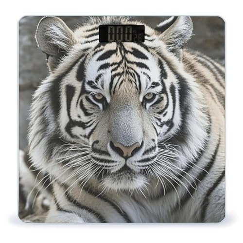 Báscula digital de baño blanca y negra con diseño de tigre miniatura 1