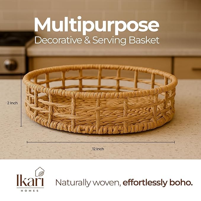 Image of Ikari Homes Round Woven Raffia Basket, Natural Decorative Storage Tray| Gifting Basket |Boho decor storage vanity basket I Sustainable organisor Round Basket (12 in x 2 inch)