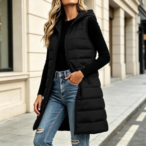 Gumipy Long Puffer Vest Women Hooded Quilted Vest Sleeveless Puffer Jacket - image 2