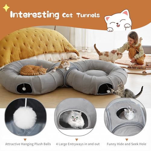 Image of Pawaboo 2-in-1 Cat Tunnel Bed for Indoor Cats, 8-Shaped Large Cat Tunnels with Plush Cushions, Foldable Cats Cave Hideout Kitty Toys with Fluffy Balls, Donut Tunnel for Kitten Rabbit Ferret, Grey