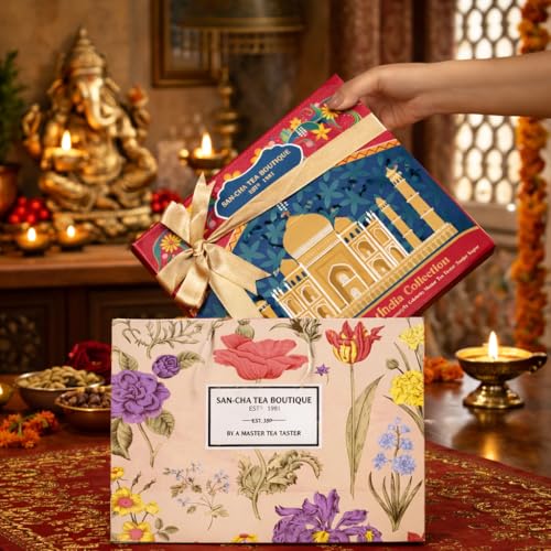 Image of SAN-CHA Tea Boutique, Traditions of India Collection, Luxury Tea Gift Box, 9 Assorted Teas Hamper, 225g Loose Leaf Green & Black Teas, Wellness Gift Set