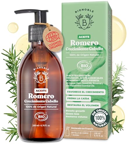 BIONOBLE Aceite de Romero para el Cabello Orgánico   Estimula Crecimiento Pelo, Nutre el Cuero Cabelludo   Aceite Esencial de Romero, Ricino   Rosemary Oil Hair Growth   Botella Vidrio y Bomba   200ml