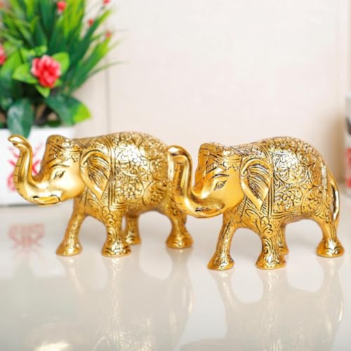 Image of Kalakriti Metal Elephant Statue Small Size Gold Polish 2 pcs Set Enhance Your Home | Car | Office | Table | Article | Animal Decorative Showpiece Figurines for Best Gifting (15X9X4 CM), Golden