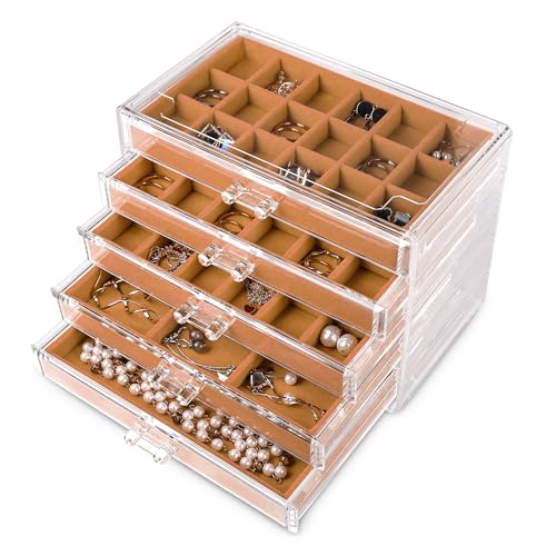 Frebeauty Boîte de rangement en acrylique transparent pour bijoux et boucles d'oreilles avec 5 tiroirs et plateaux en velours pour femme - Pour bagues et clous d'oreilles, kaki