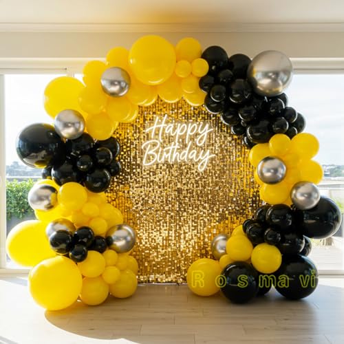 Image of Black and Yellow Balloon Arch Kit with Silver Balloons, 127 Pcs