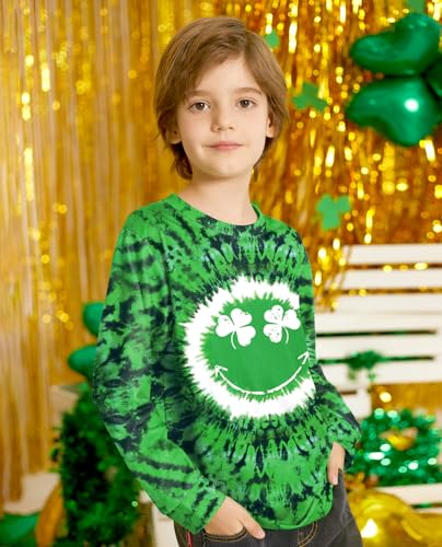 Image of Unisex Kids St. Patrick's Tie Dye Irish Clover Long Sleeve Shirt Shamrock Green Sweatshirt 6-14 Years