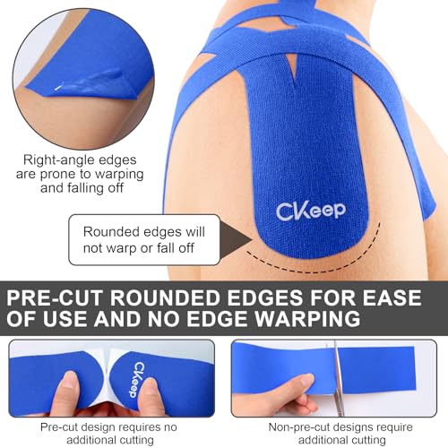 Image of CKeep Kinesiology Tape, 2 Rolls 2 Inch Wide Elastic Precut Strips, Blue | Cotton Latex Free Hypoallergenic Breathable Athletic Tape, Sticky & Waterproof Kinetic Tape for Joint Support Injury & Sprain