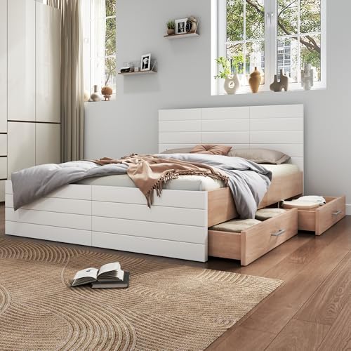 Doppelbett Holzbett Bettanlage 180×200cm mit 2 Schubladen,Modernes Bett inkl. Bettgestell &Lattenrost-207×80×185cm (L×H×B) Set in Eiche/Weiß(Ohne Matratze) (Weiß Helle Eiche, 180x200cm) Doppelbett Holzbett Bettanlage 180×200cm mit 2 Schubladen,Modernes Bett inkl. Bettgestell &Lattenrost-207×80×185cm (L×H×B) Set in Eiche/Weiß(Ohne Matratze) (Weiß Helle Eiche, 180x200cm)
