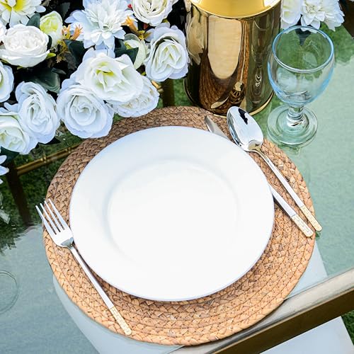 Image of Round Woven Placemats Set of 4, Wicker Placemats for Dinner Plates | 13.5 Inch Natural Rattan Boho Style Braided Place Mats, Non-Slip, Heat Resistant, Dining Table Chargers with Bag for Storage