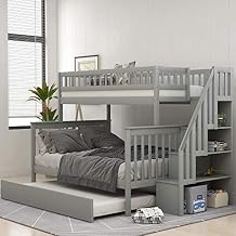 Twin Over Full Bunk Bed with Trundle and Stairway, Wood Bunk Bed Frame with Storage Shelves for Kids Teens, Can Separated to 3 Beds, No Box Spring Needed Gray