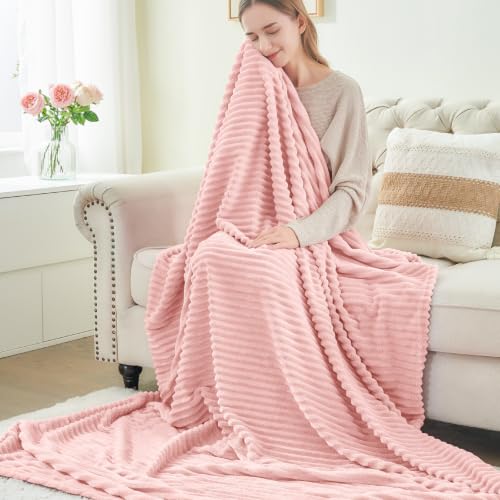 Image of BEDELITE 3D Ribbed Light Pink Fleece Twin Blanket for Couch, 60x80 Inch