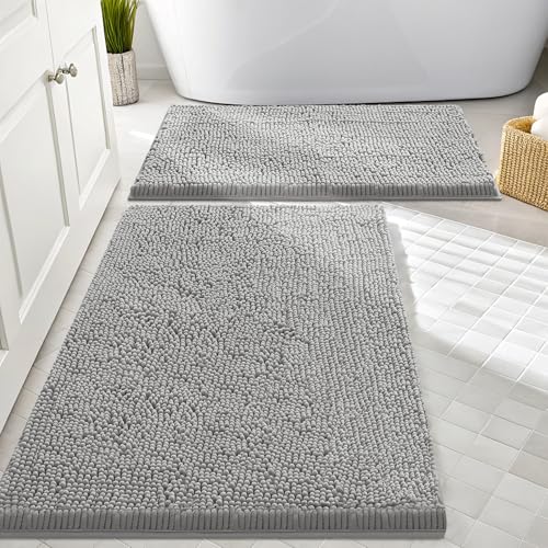 Image of Smiry Bathroom Rugs Sets 2 Piece, Soft Absorbent Chenille Machine Washable Non Slip Shaggy Bath Rug Set for Tub, Shower, and Floor (30x20+24x16, Light Grey)