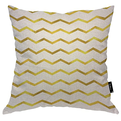 Beabes Housse de coussin décorative en coton et lin avec motif chevron doré abstrait en zigzag doré 45,7 x 45,7 cm pour canapé, lit, voiture, canapé