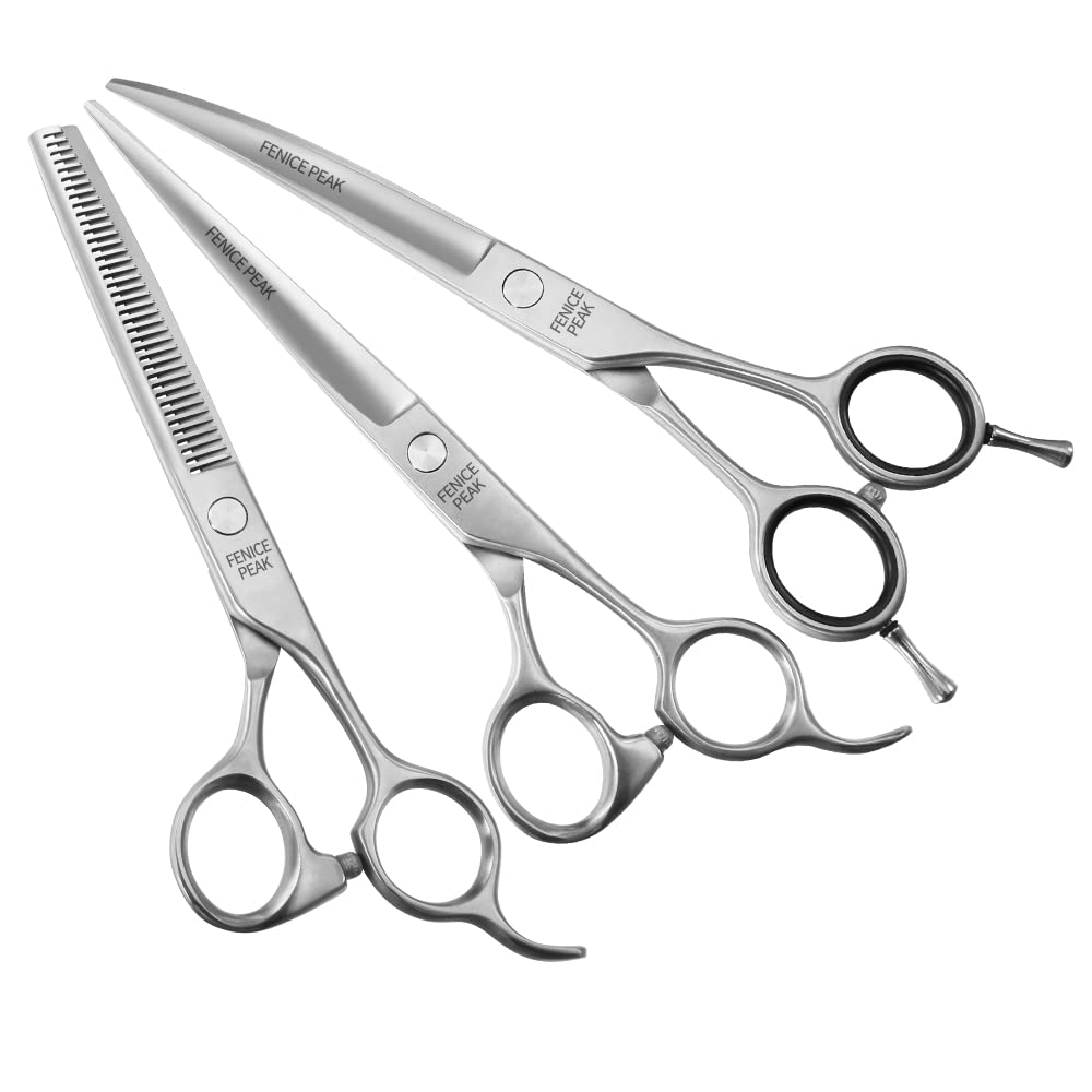 Fenice Peak 3pcs Dog Grooming Scissors Set Straight Thinning Curved Shears Stainless Steel Shears for Pet Grooming Sharp and Durable with Case Suitable for Home Users and Professional Groomer