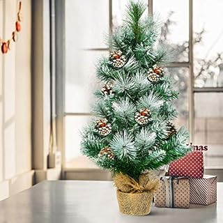 GYMAX 2ft Tabletop Christmas Tree, Mini Snowy Artificial Xmas Tree with 48 Tips, Pine Cones, Home Office Desktop Holiday Decoration
